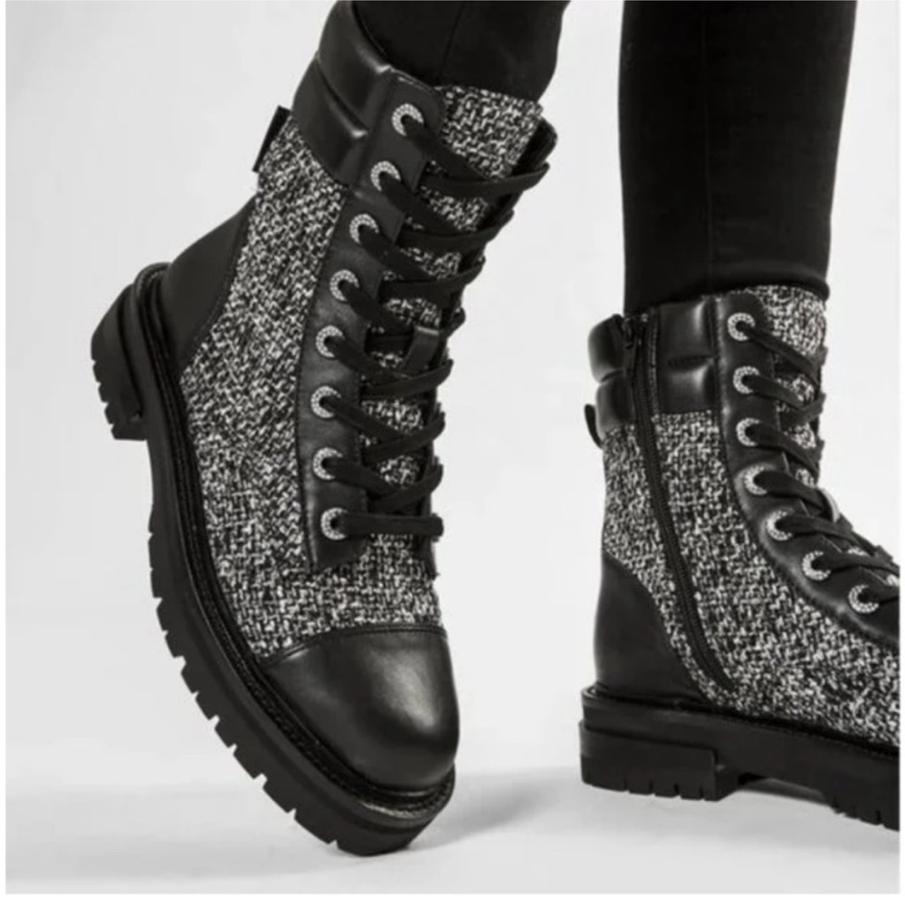 Kurt Geiger Black Tweed Combat Boots, Size 6
